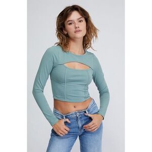 PAC Cares‎ Long Sleeve Cutout Cropped Top Sage Green Size XS